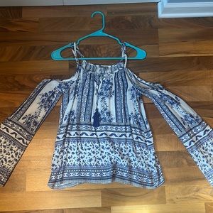Blue and white off the shoulder shirt